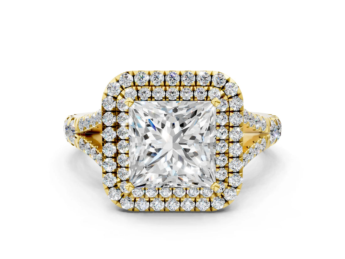 Yellow gold Princess Cut Double Halo Split Shank Diamond Ring with Prong Setting_49