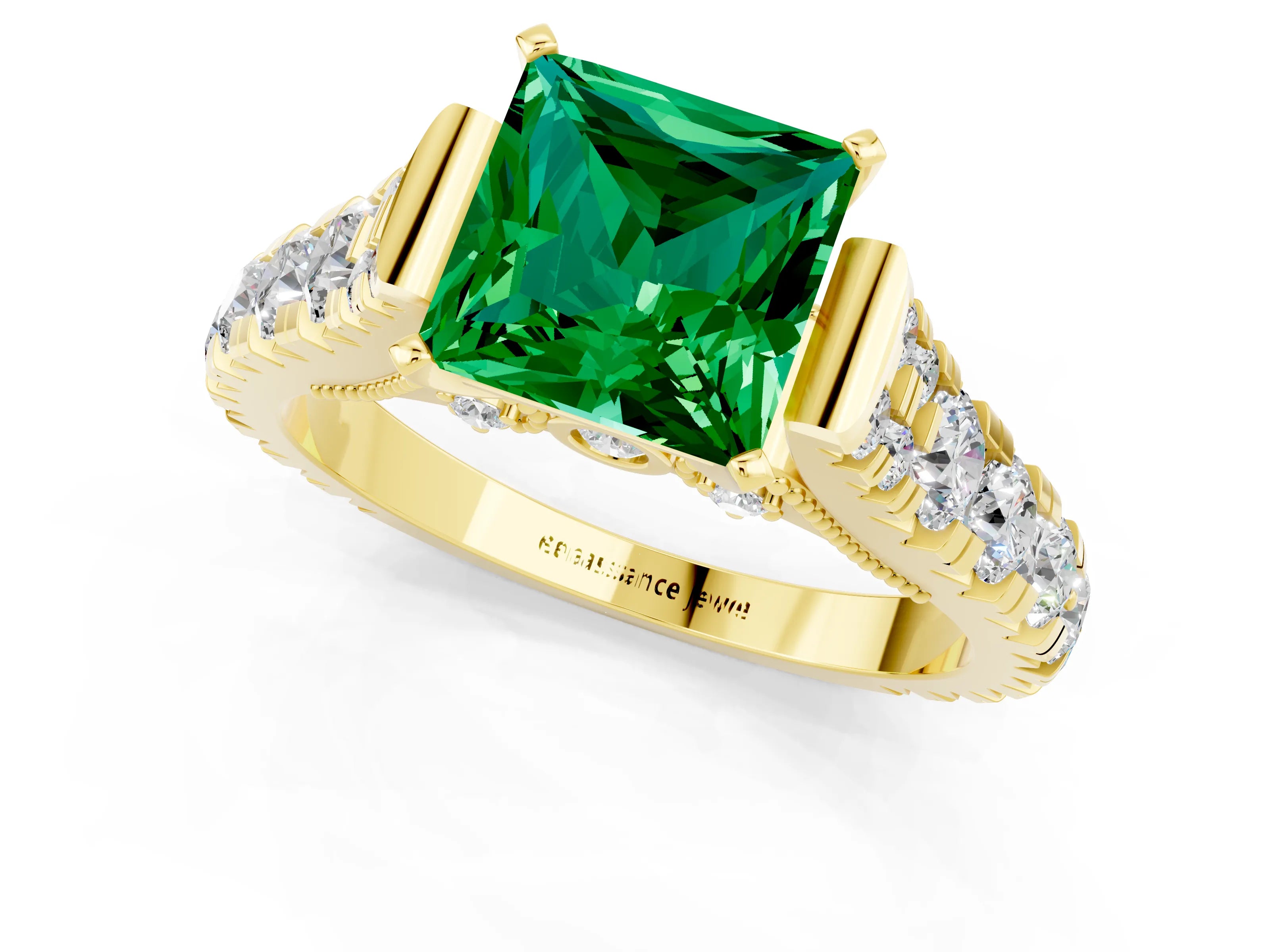 Yellow gold Princess Cut Emerald Classic Solitaire Ring with Pavé Band and Four-Prong Setting_1