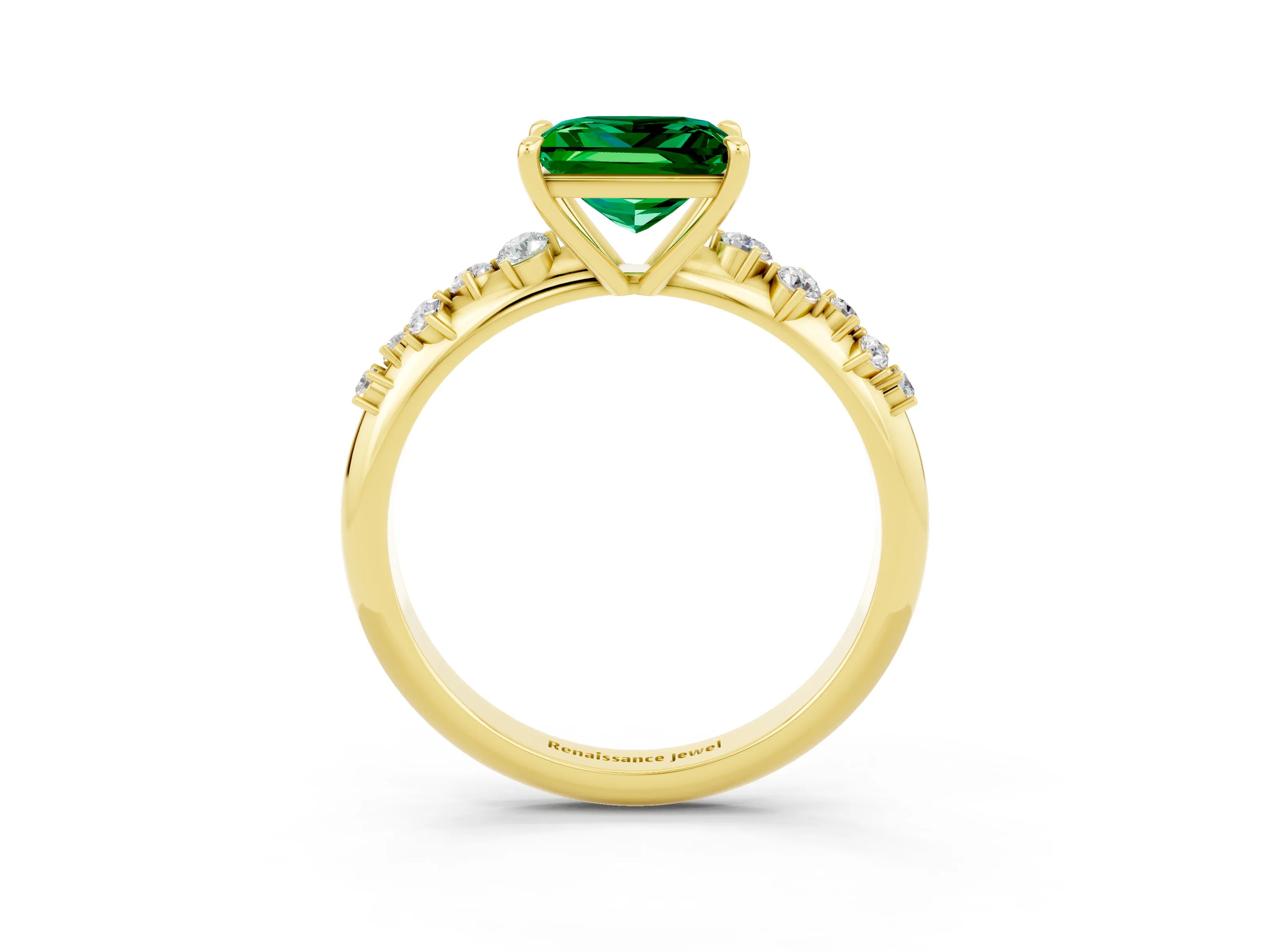 Yellow gold Princess Cut Emerald Cluster Side Stone Solitaire Ring with Prong Setting_27