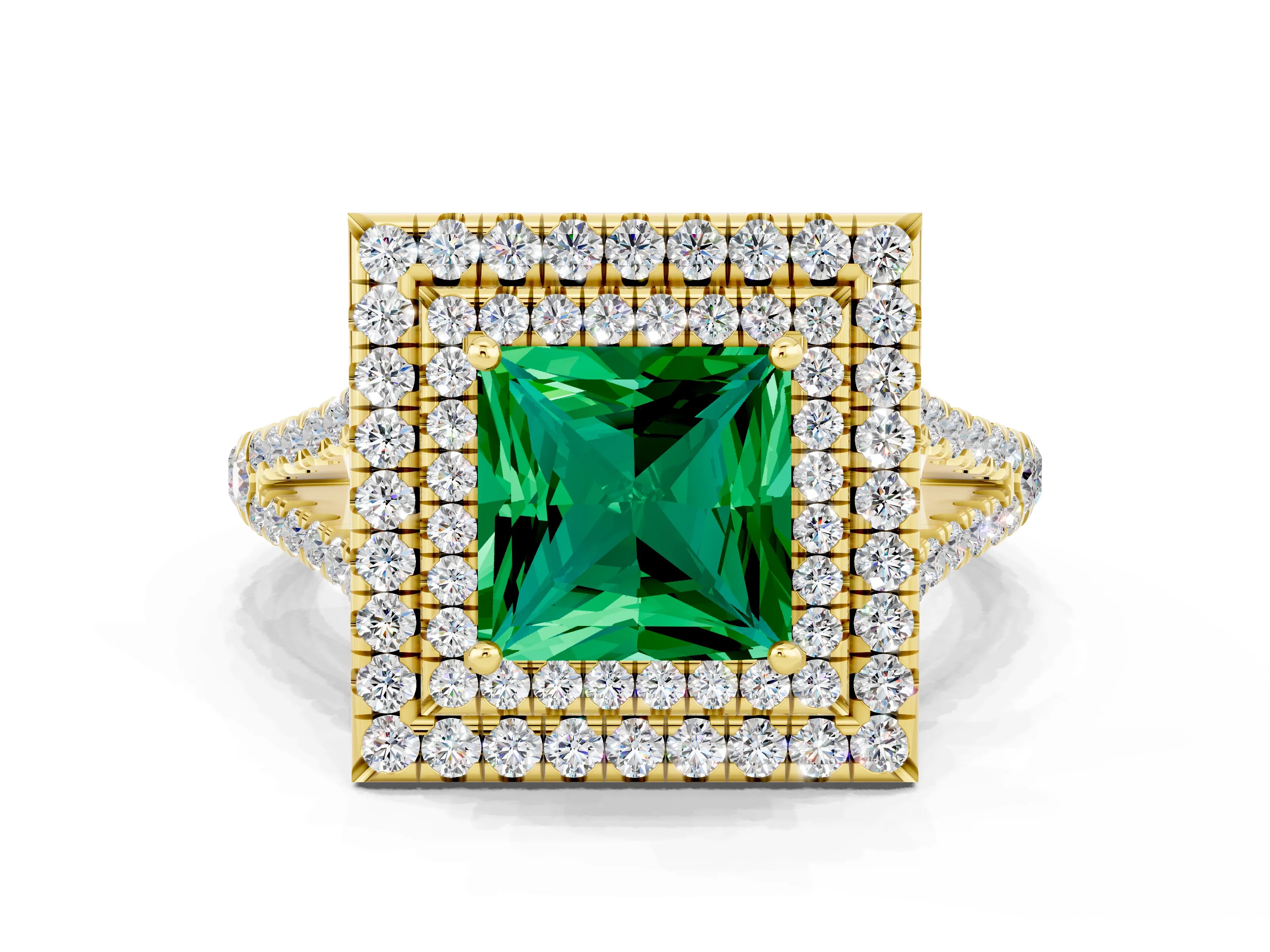 Yellow gold Princess Cut Emerald Double Halo Ring with Pavé Band and Prong Setting_12