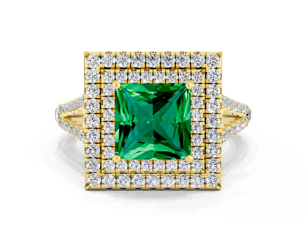 Yellow gold Princess Cut Emerald Double Halo Ring with Pavé Band and Prong Setting