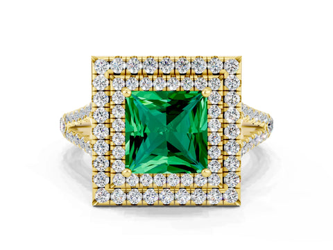 Yellow gold Princess Cut Emerald Double Halo Ring with Pavé Band and Prong Setting_12