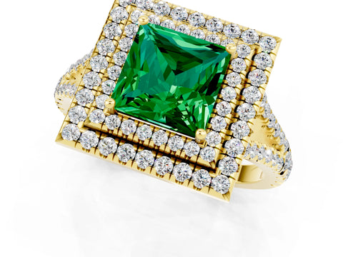 Yellow gold Princess Cut Emerald Double Halo Ring with Pavé Band and Prong Setting_13