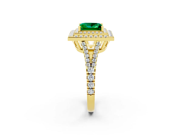 Yellow gold Princess Cut Emerald Double Halo Ring with Pavé Band and Prong Setting