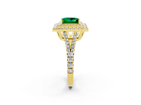 Yellow gold Princess Cut Emerald Double Halo Ring with Pavé Band and Prong Setting_14