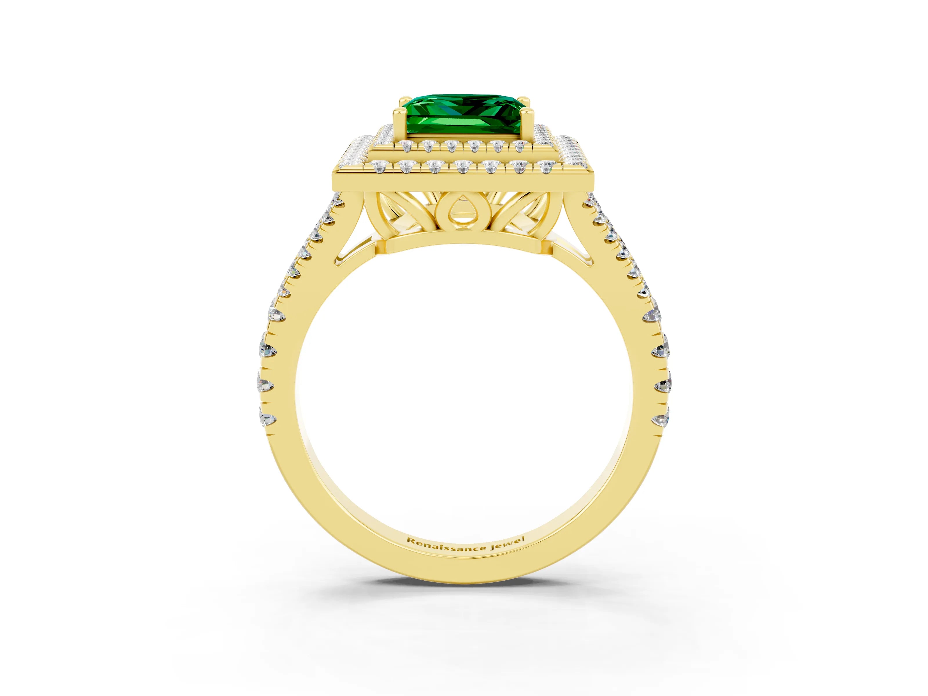 Yellow gold Princess Cut Emerald Double Halo Ring with Pavé Band and Prong Setting_15