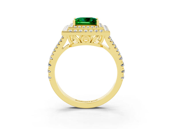Yellow gold Princess Cut Emerald Double Halo Ring with Pavé Band and Prong Setting
