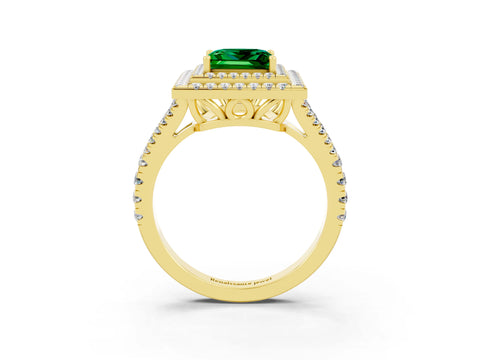 Yellow gold Princess Cut Emerald Double Halo Ring with Pavé Band and Prong Setting_15