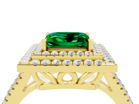 Yellow gold Princess Cut Emerald Double Halo Ring with Pavé Band and Prong Setting_16