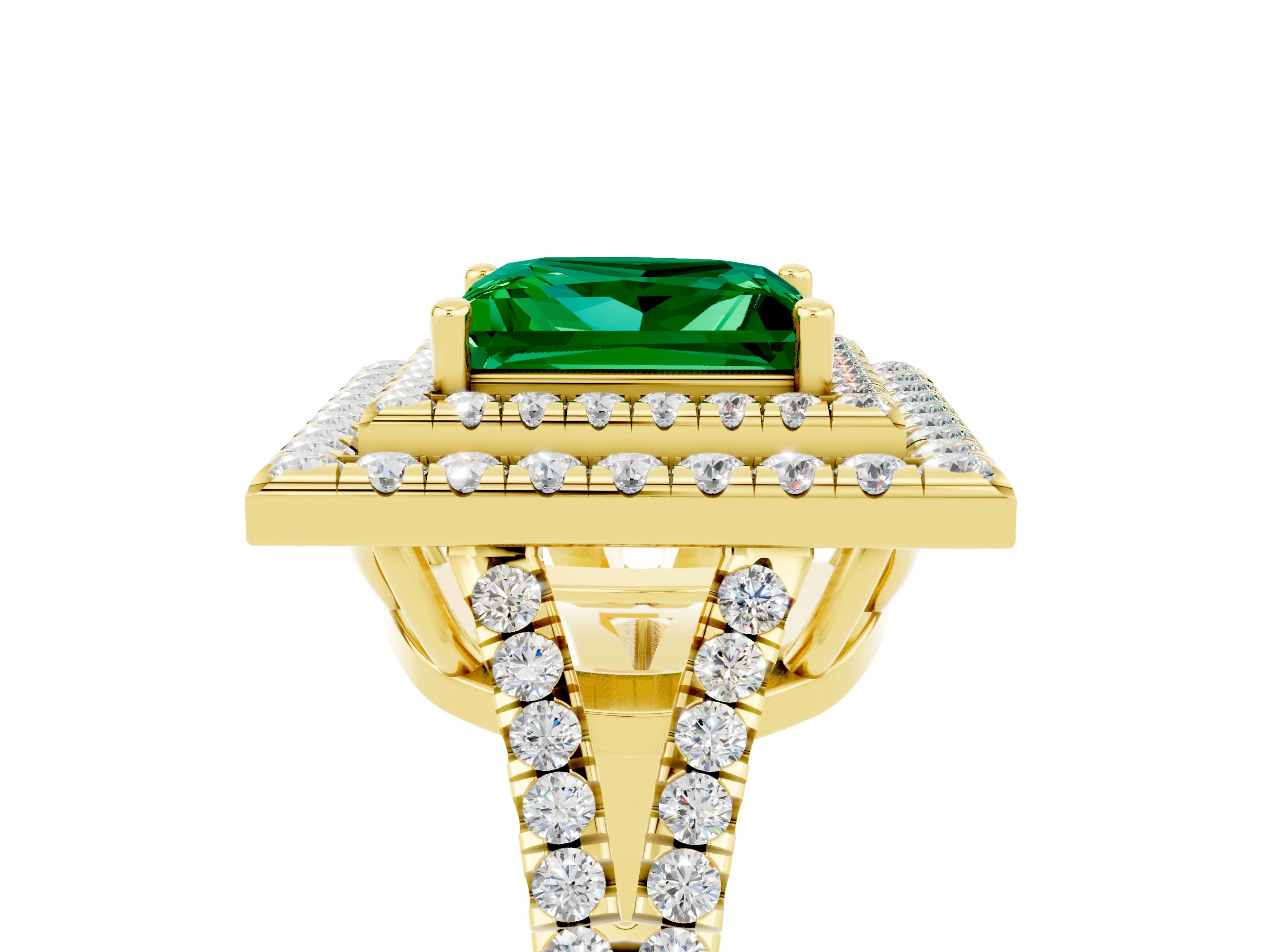 Yellow gold Princess Cut Emerald Double Halo Ring with Pavé Band and Prong Setting_17