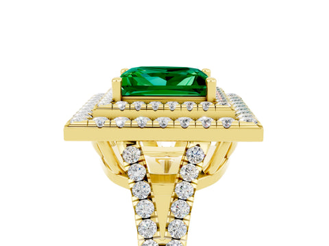 Yellow gold Princess Cut Emerald Double Halo Ring with Pavé Band and Prong Setting_17
