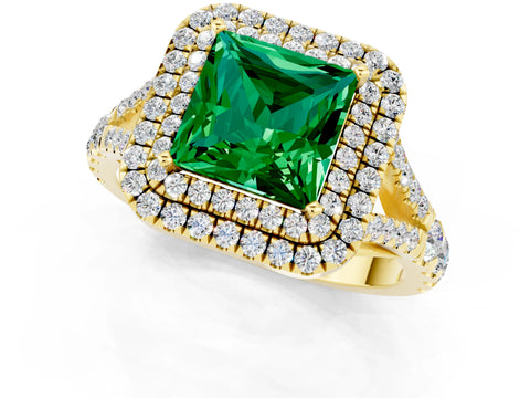 Yellow gold Princess Cut Emerald Double Halo Ring with Split Shank and Prong Setting_13