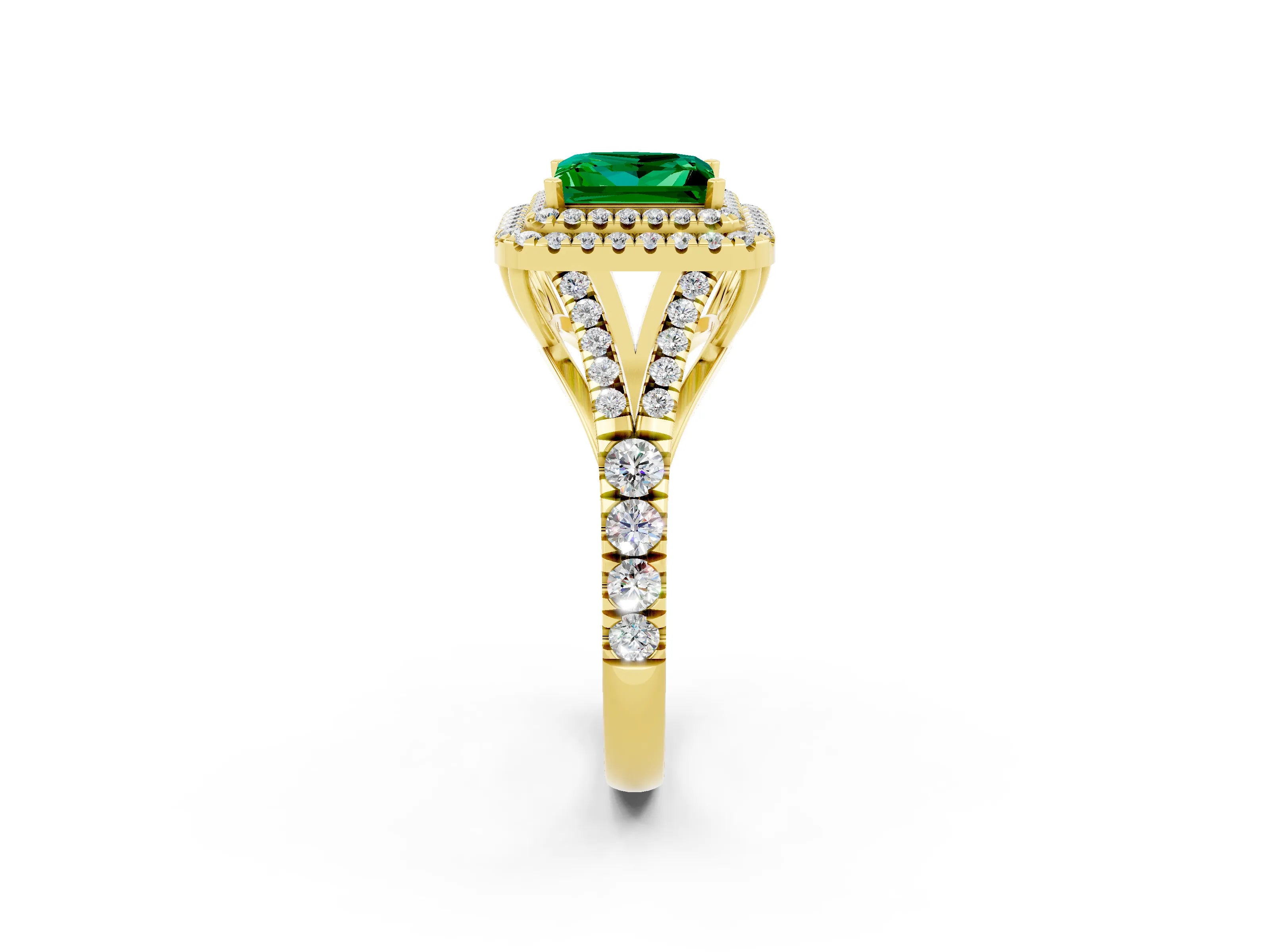 Yellow gold Princess Cut Emerald Double Halo Ring with Split Shank and Prong Setting_14