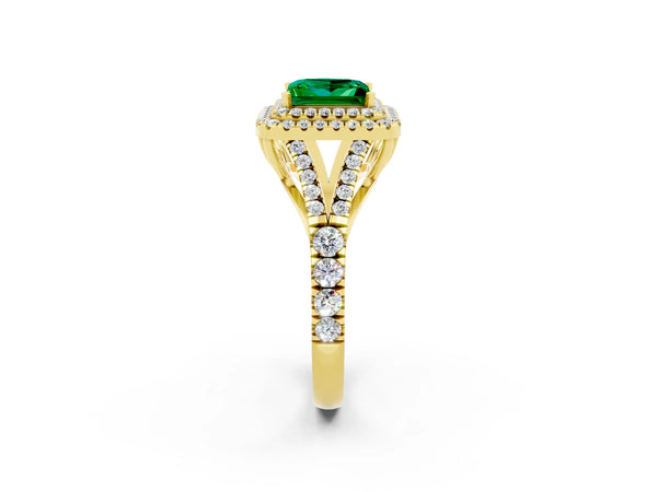 Yellow gold Princess Cut Emerald Double Halo Ring with Split Shank and Prong Setting