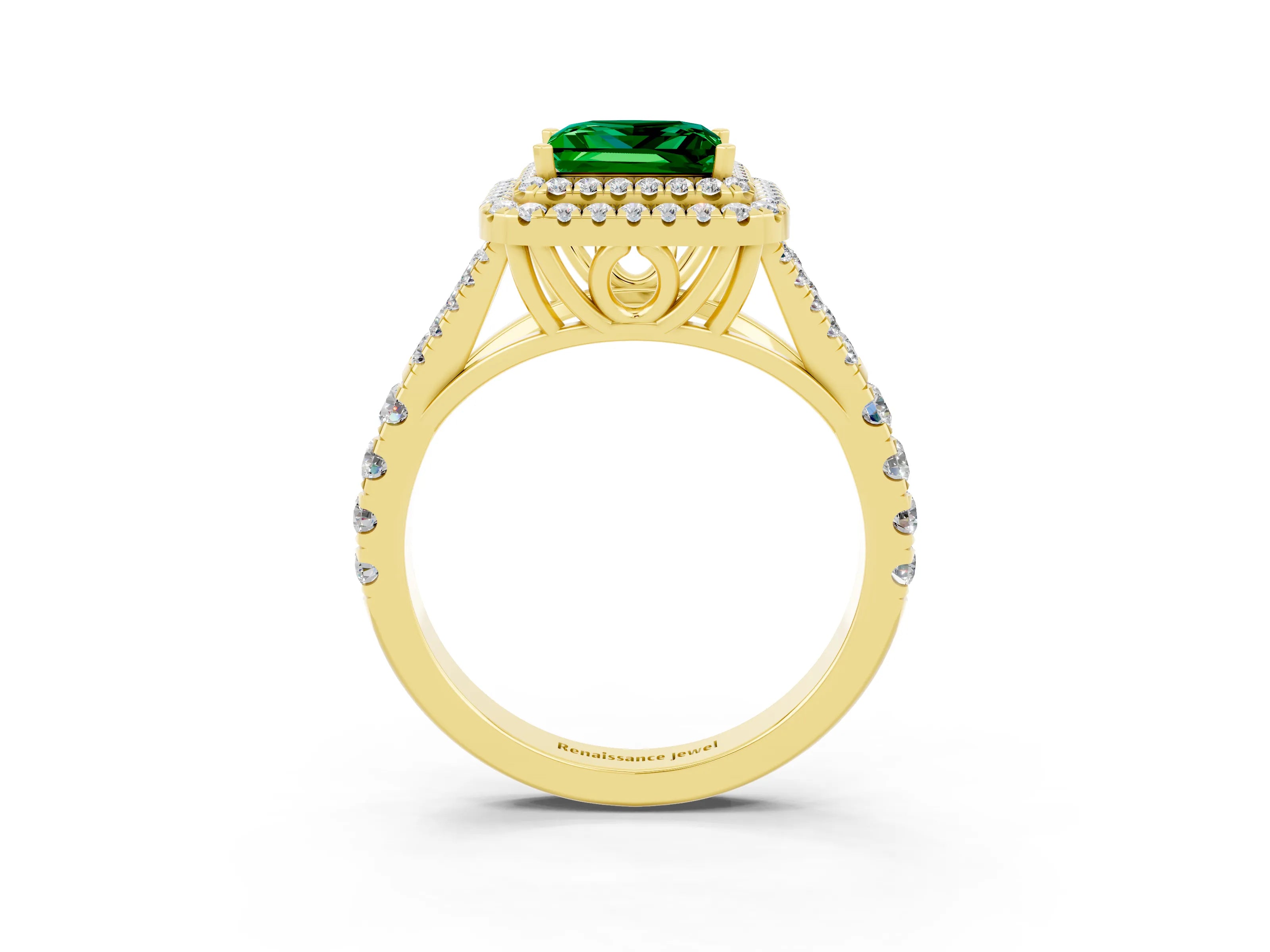 Yellow gold Princess Cut Emerald Double Halo Ring with Split Shank and Prong Setting_15