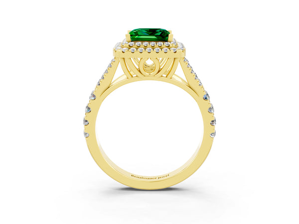 Yellow gold Princess Cut Emerald Double Halo Ring with Split Shank and Prong Setting
