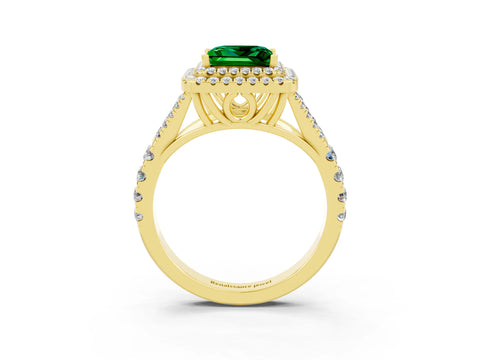 Yellow gold Princess Cut Emerald Double Halo Ring with Split Shank and Prong Setting_15