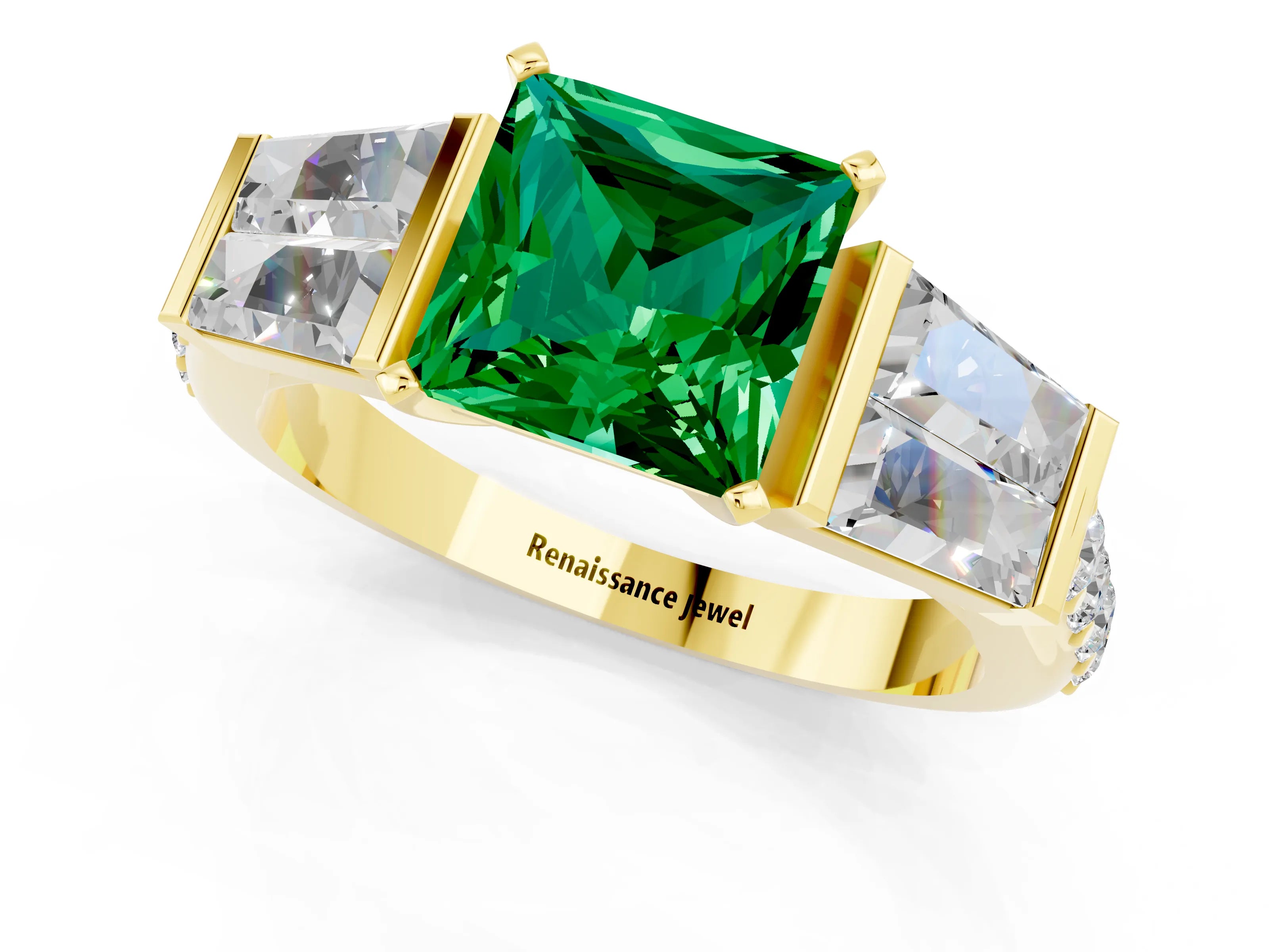 Yellow gold Princess Cut Emerald Engagement Ring with Baguette Side Stones and Channel Set Band_1