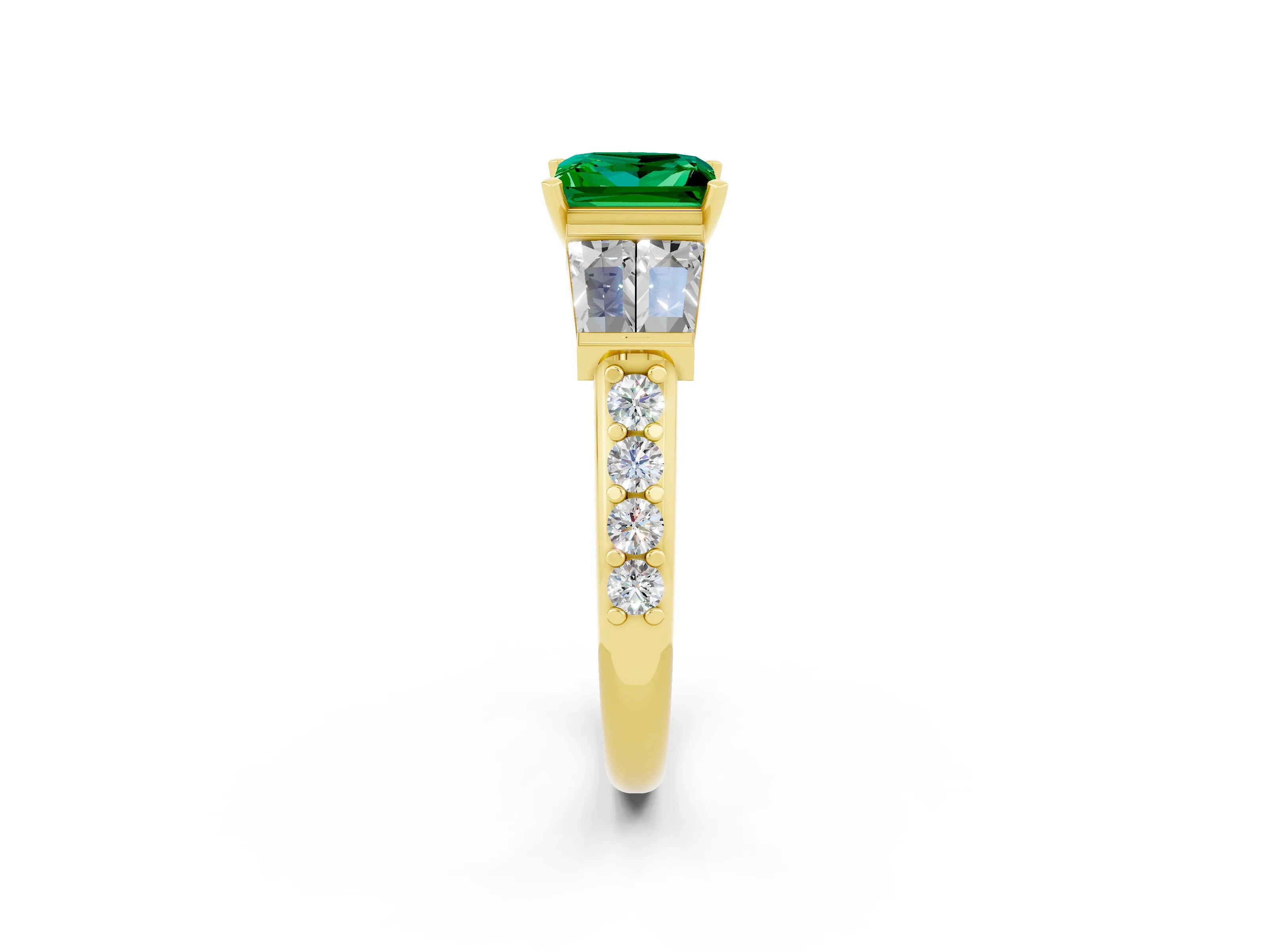 Yellow gold Princess Cut Emerald Engagement Ring with Baguette Side Stones and Channel Set Band_2