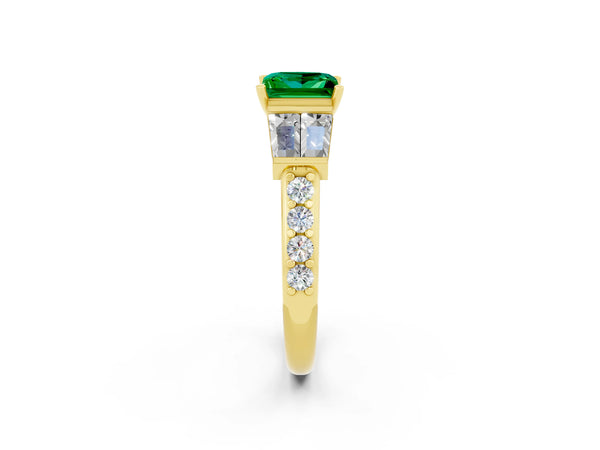 Yellow gold Princess Cut Emerald Engagement Ring with Baguette Side Stones and Channel Set Band