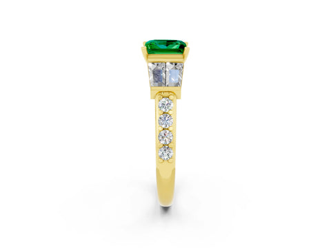 Yellow gold Princess Cut Emerald Engagement Ring with Baguette Side Stones and Channel Set Band_2