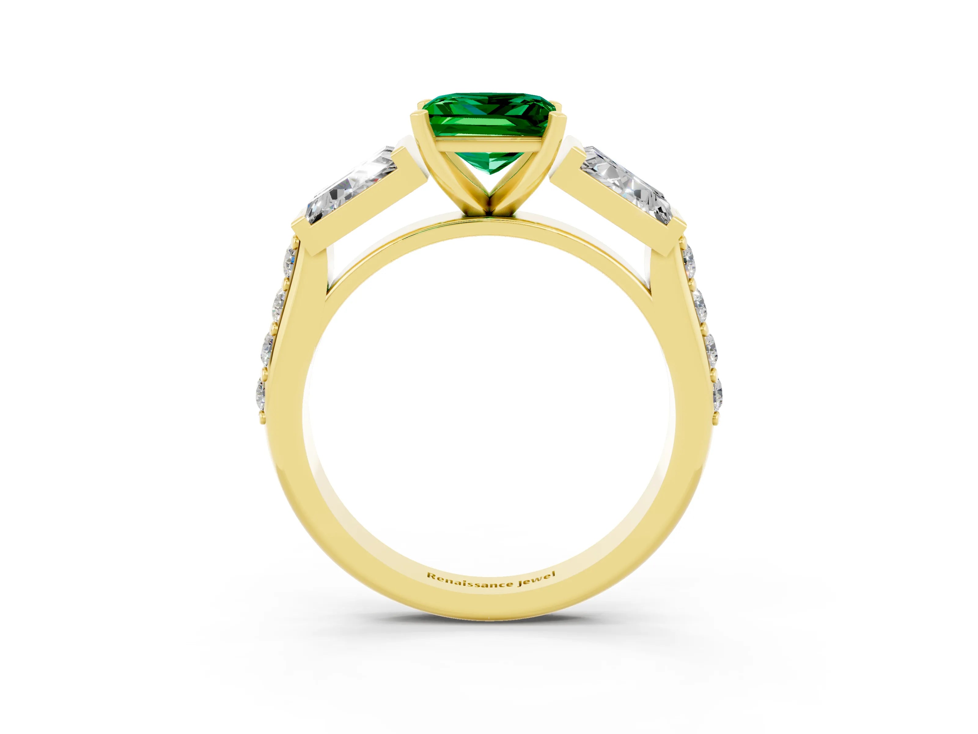 Yellow gold Princess Cut Emerald Engagement Ring with Baguette Side Stones and Channel Set Band_3