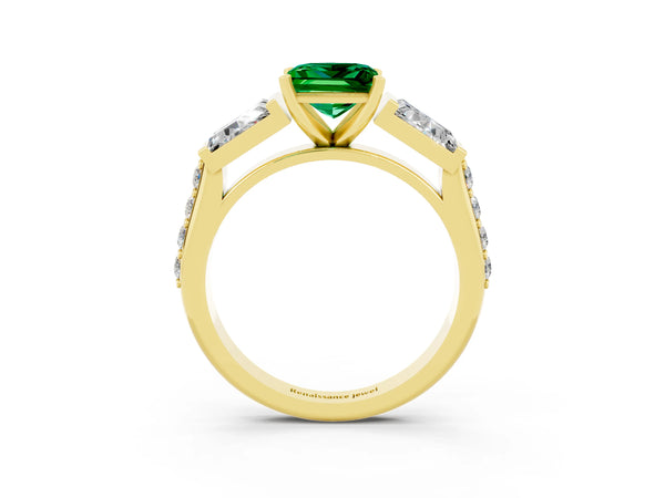 Yellow gold Princess Cut Emerald Engagement Ring with Baguette Side Stones and Channel Set Band
