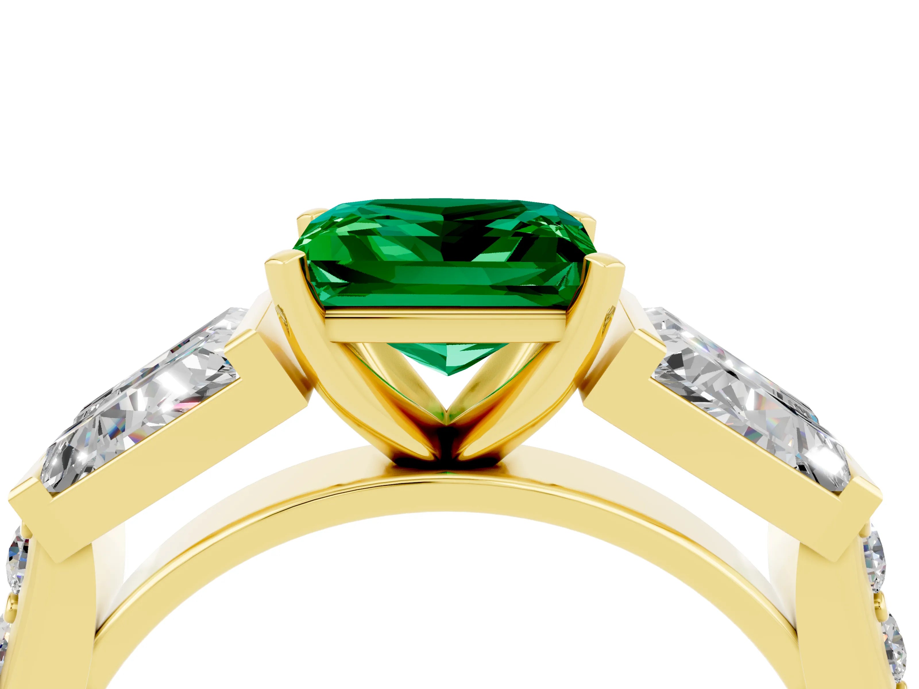 Yellow gold Princess Cut Emerald Engagement Ring with Baguette Side Stones and Channel Set Band_4