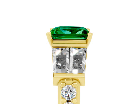 Yellow gold Princess Cut Emerald Engagement Ring with Baguette Side Stones and Channel Set Band_5