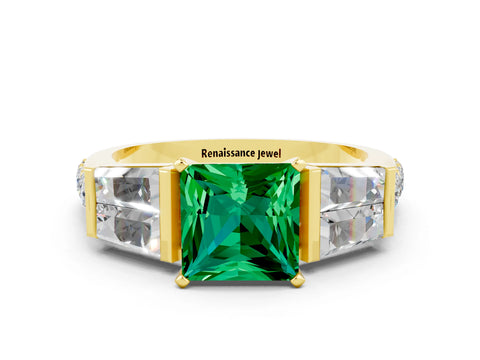 Yellow gold Princess Cut Emerald Engagement Ring with Baguette Side Stones and Channel Set Band