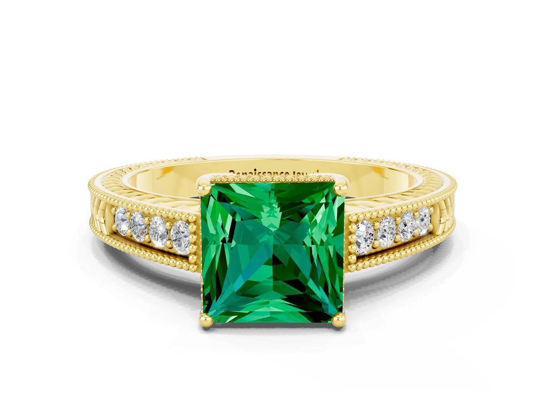 Yellow gold Princess Cut Emerald Engagement Ring with Milgrain Channel Set Band and Prong Setting