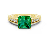 Yellow gold Princess Cut Emerald Engagement Ring with Milgrain Channel Set Band and Prong Setting
