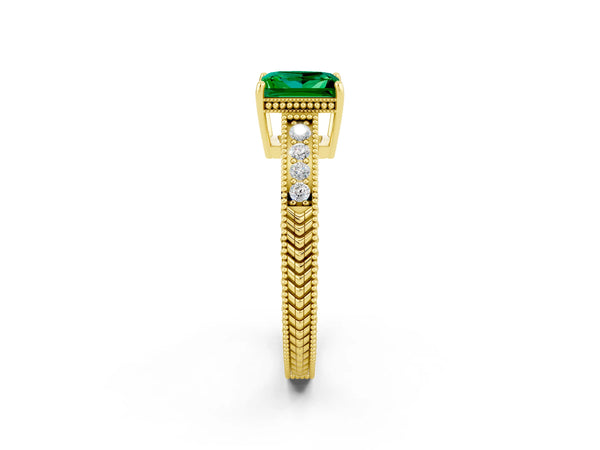 Yellow gold Princess Cut Emerald Engagement Ring with Milgrain Channel Set Band and Prong Setting