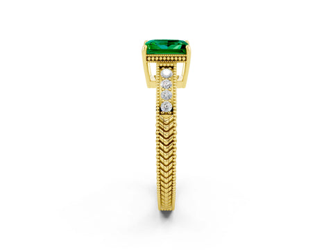Yellow gold Princess Cut Emerald Engagement Ring with Milgrain Channel Set Band and Prong Setting_2