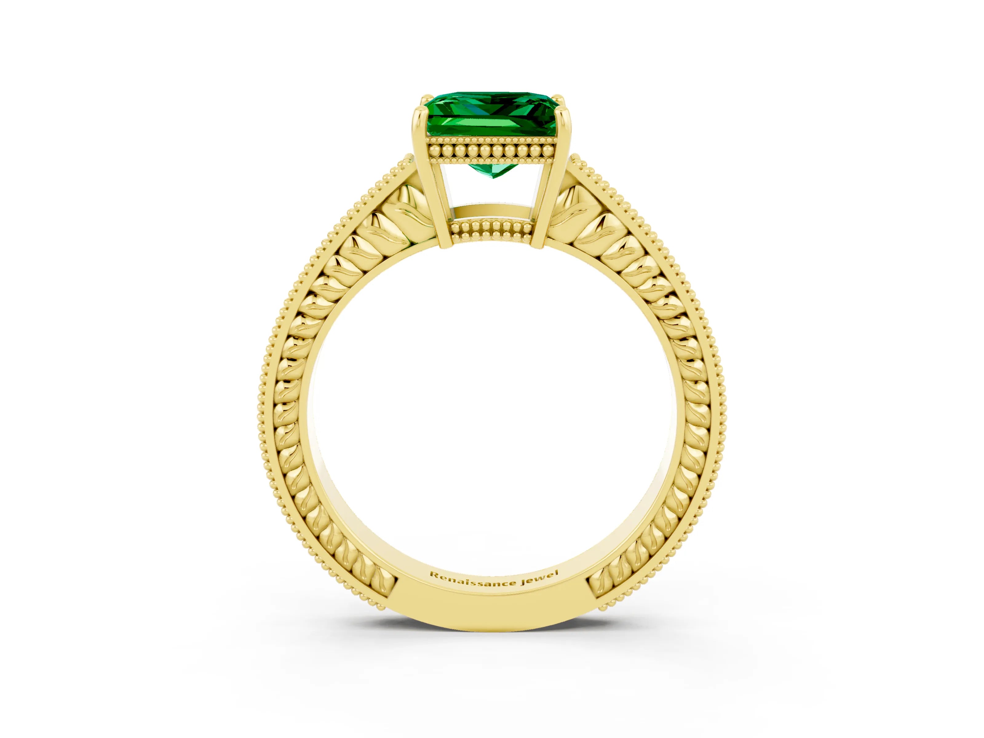 Yellow gold Princess Cut Emerald Engagement Ring with Milgrain Channel Set Band and Prong Setting_3