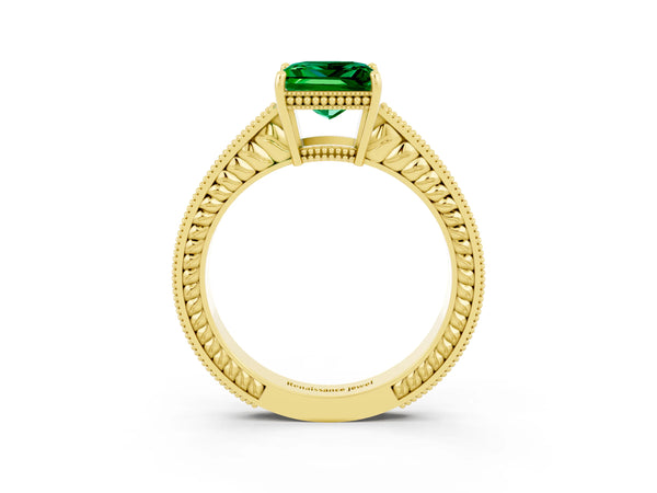 Yellow gold Princess Cut Emerald Engagement Ring with Milgrain Channel Set Band and Prong Setting