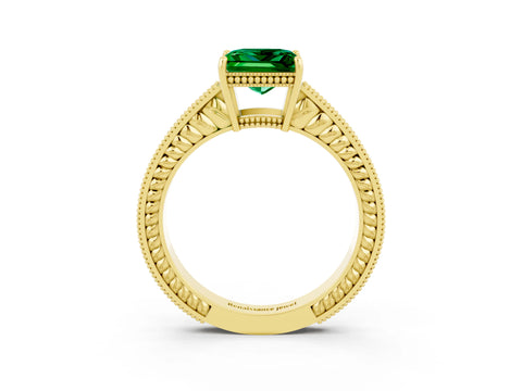 Yellow gold Princess Cut Emerald Engagement Ring with Milgrain Channel Set Band and Prong Setting_3