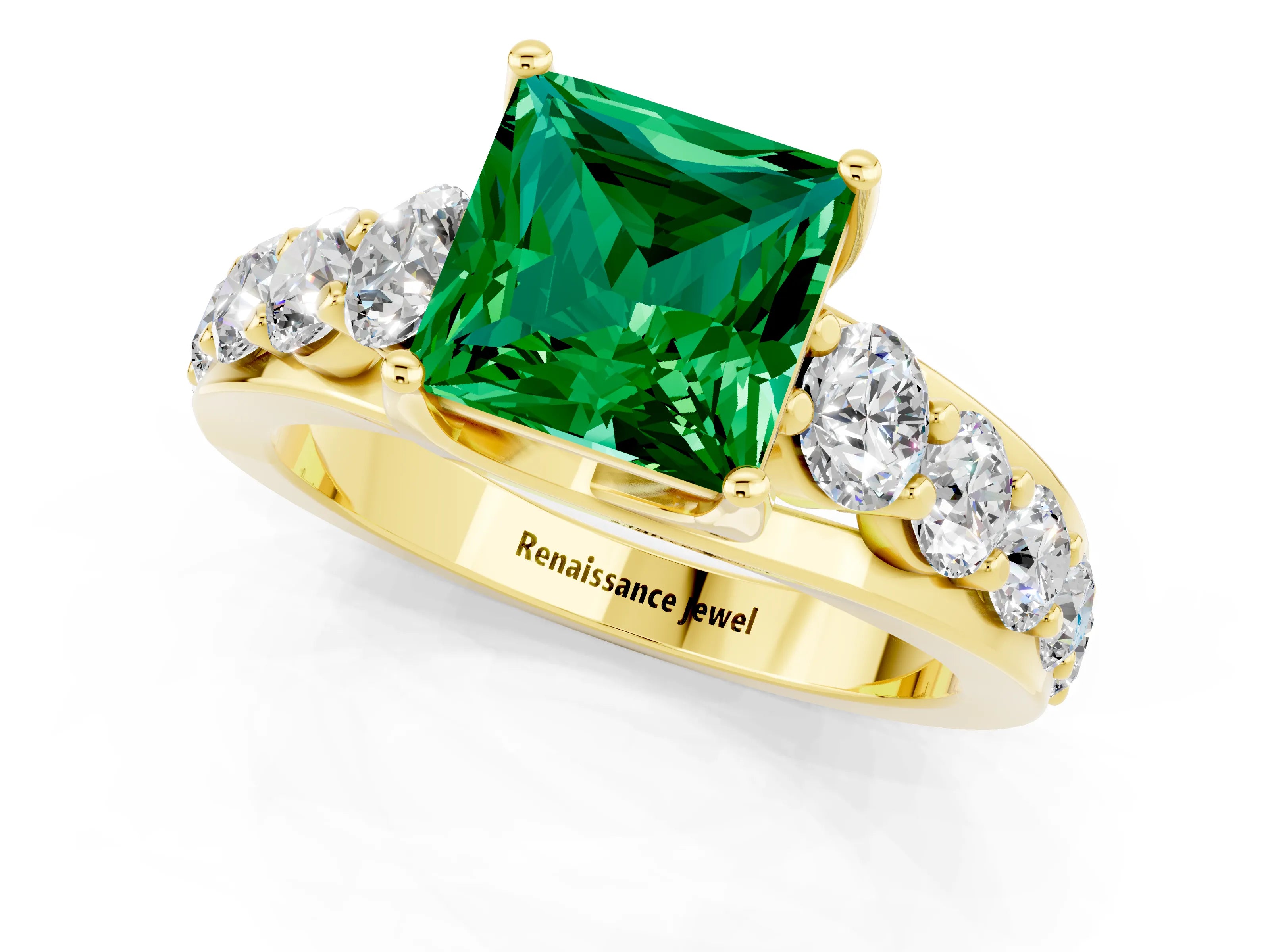 Yellow gold Princess Cut Emerald Engagement Ring with Pavé Band and Four-Prong Setting_1