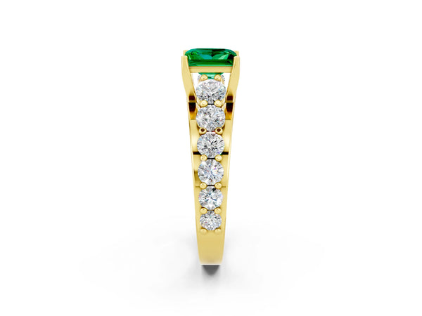 Yellow gold Princess Cut Emerald Engagement Ring with Pavé Band and Four-Prong Setting