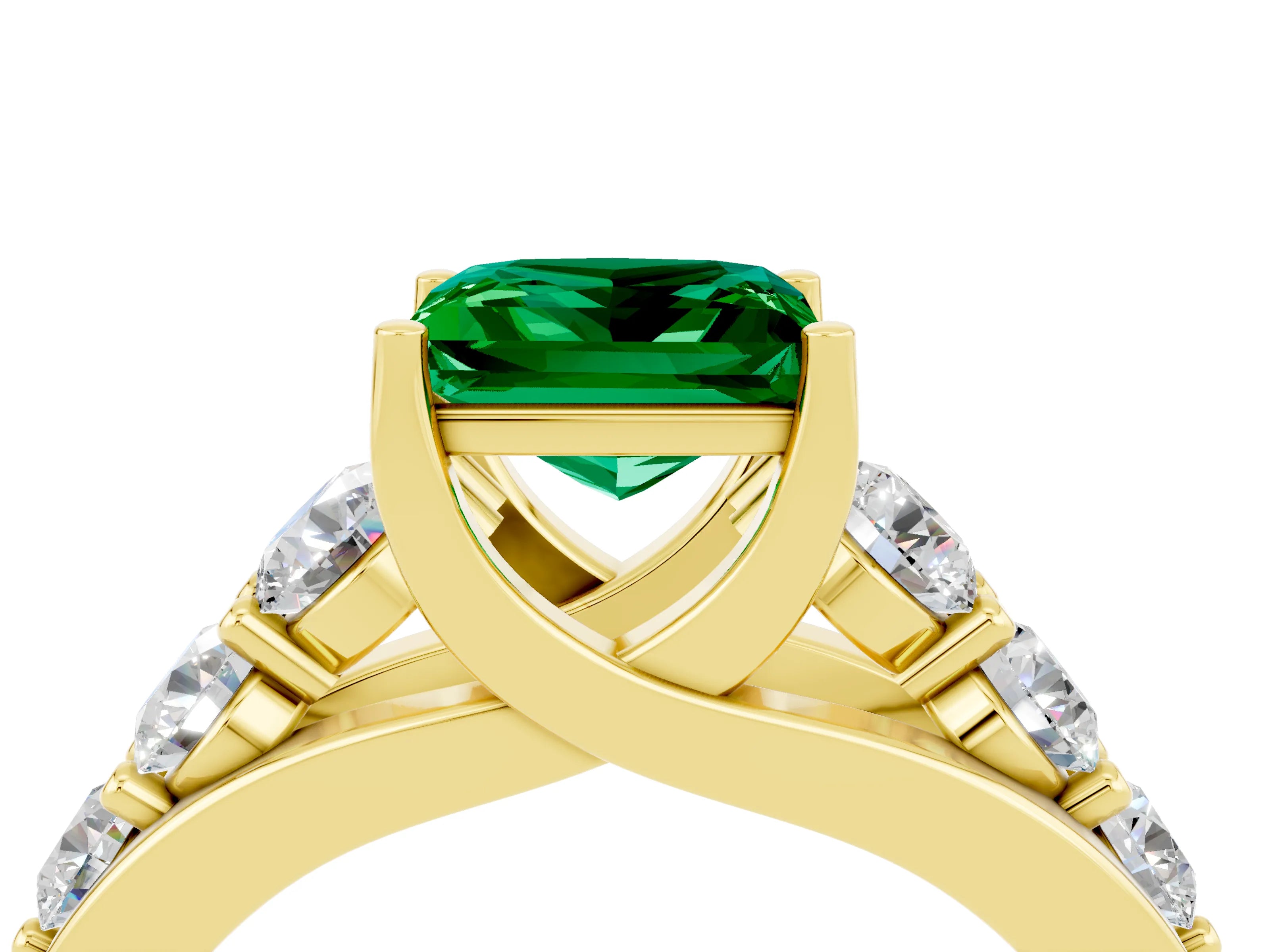 Yellow gold Princess Cut Emerald Engagement Ring with Pavé Band and Four-Prong Setting_4