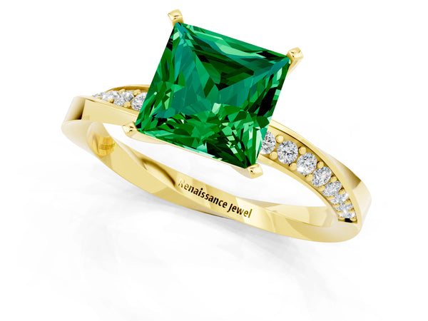 Yellow gold Princess Cut Emerald Engagement Ring with Side Stone Accents and Four-Prong Setting
