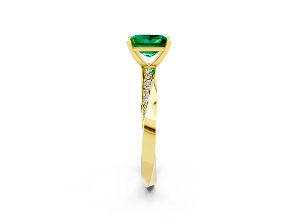 Yellow gold Princess Cut Emerald Engagement Ring with Side Stone Accents and Four-Prong Setting