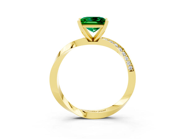 Yellow gold Princess Cut Emerald Engagement Ring with Side Stone Accents and Four-Prong Setting
