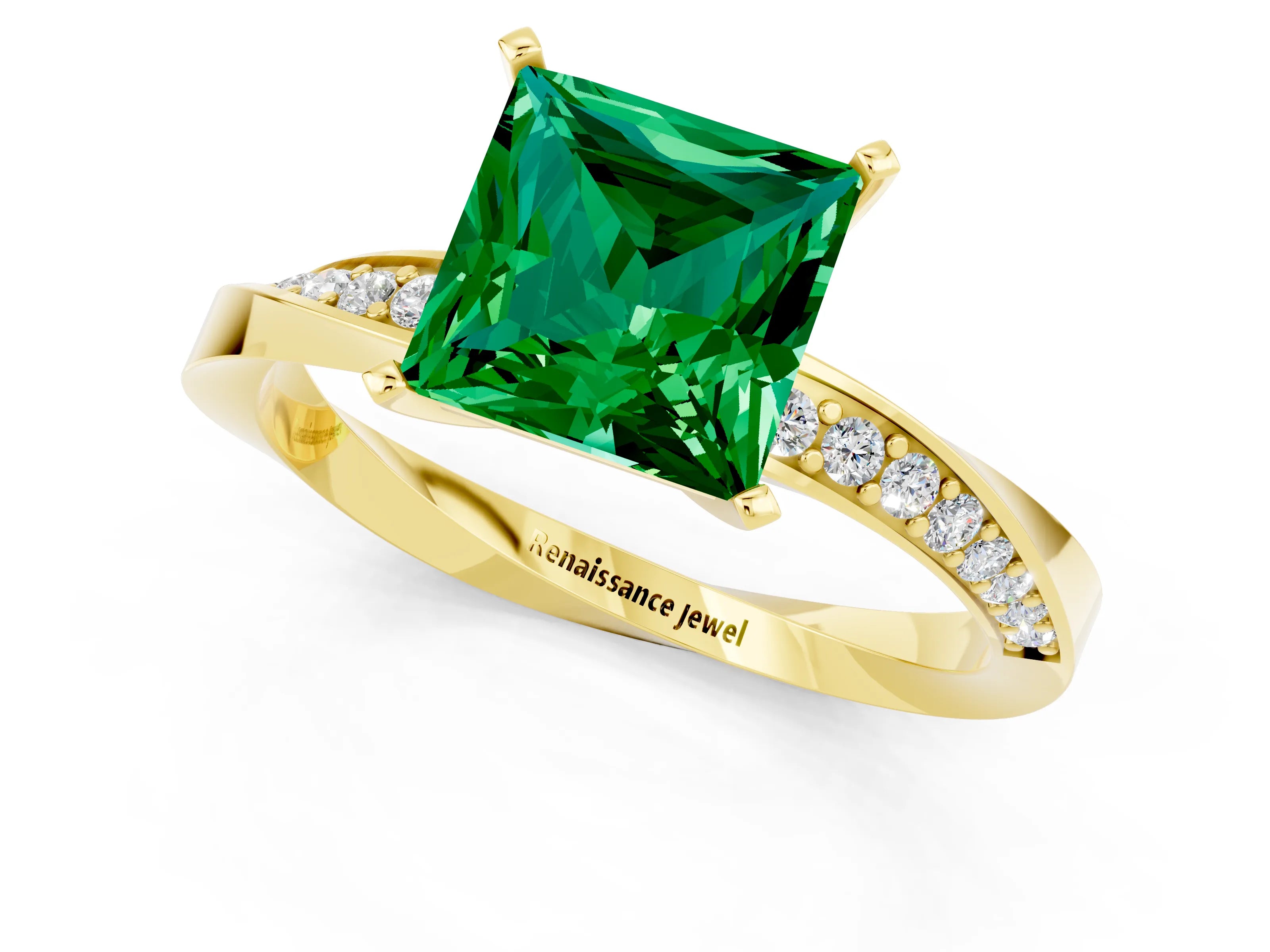 Yellow gold Princess Cut Emerald Engagement Ring with Side Stone Accents and Four-Prong Setting_40