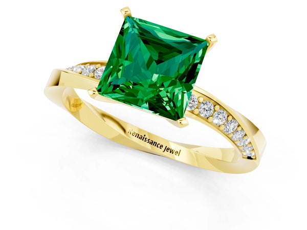 Yellow gold Princess Cut Emerald Engagement Ring with Side Stone Accents and Four-Prong Setting