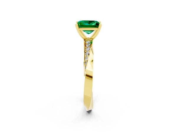 Yellow gold Princess Cut Emerald Engagement Ring with Side Stone Accents and Four-Prong Setting