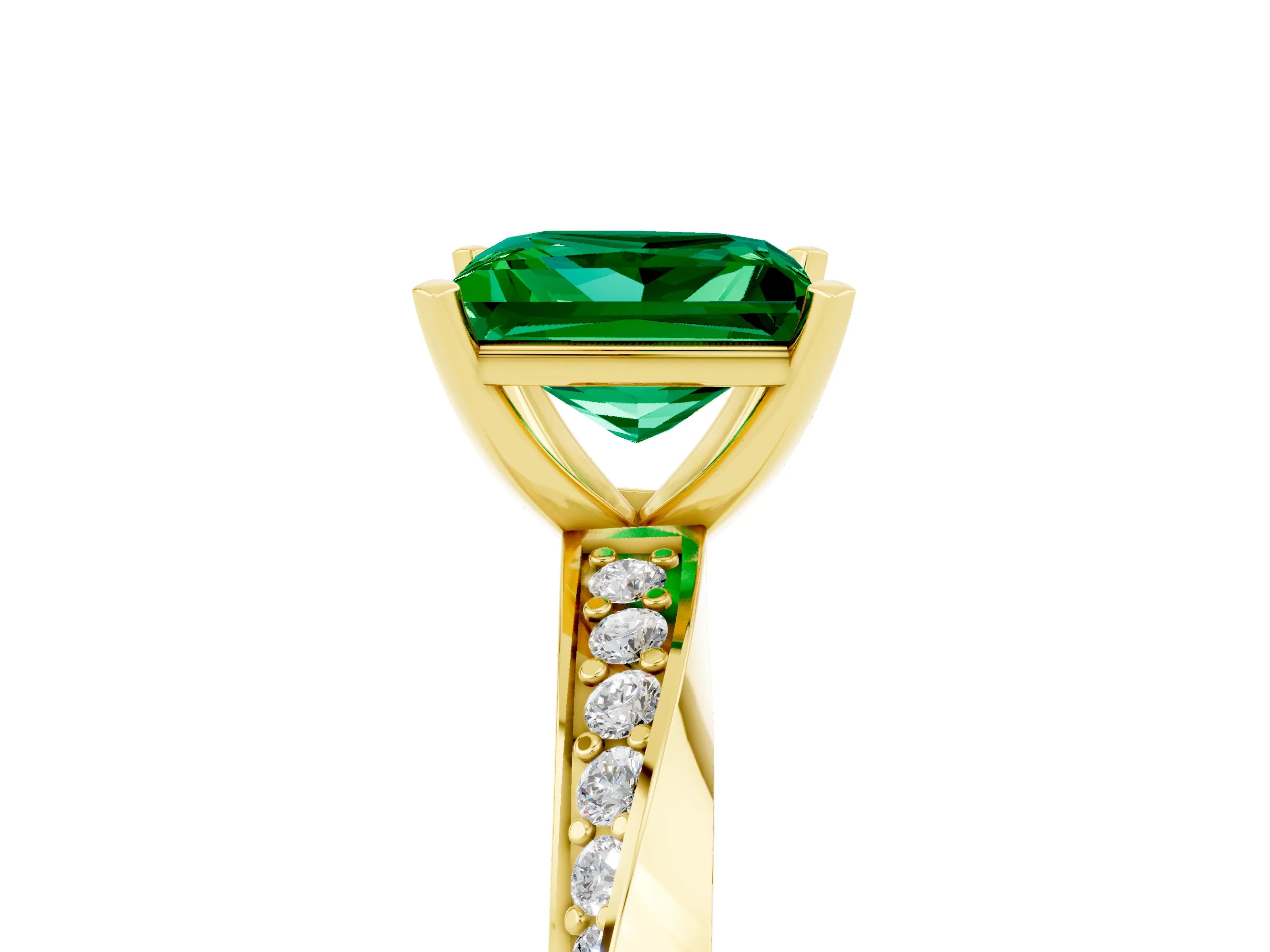 Yellow gold Princess Cut Emerald Engagement Ring with Side Stone Accents and Four-Prong Setting_44