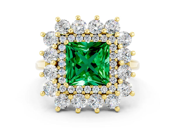 Yellow gold Princess Cut Emerald Floral Double Halo Engagement Ring with Prong Setting