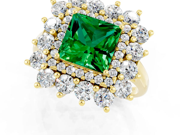 Yellow gold Princess Cut Emerald Floral Double Halo Engagement Ring with Prong Setting