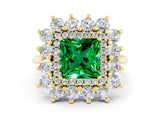 Yellow gold Princess Cut Emerald Floral Double Halo Engagement Ring with Prong Setting_72